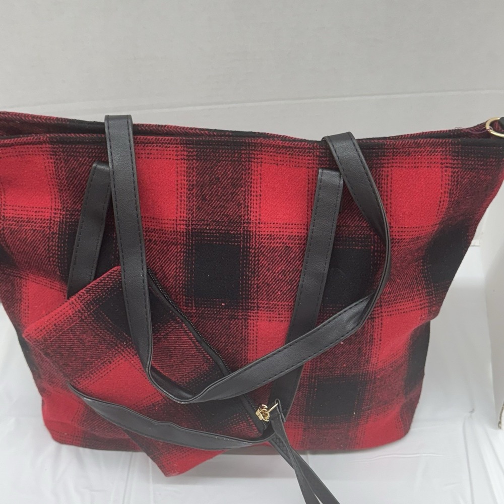 NEW Black Red Buffalo Check Plaid Tartan Flannel Fabric Large ‎ Tote Bag Purse